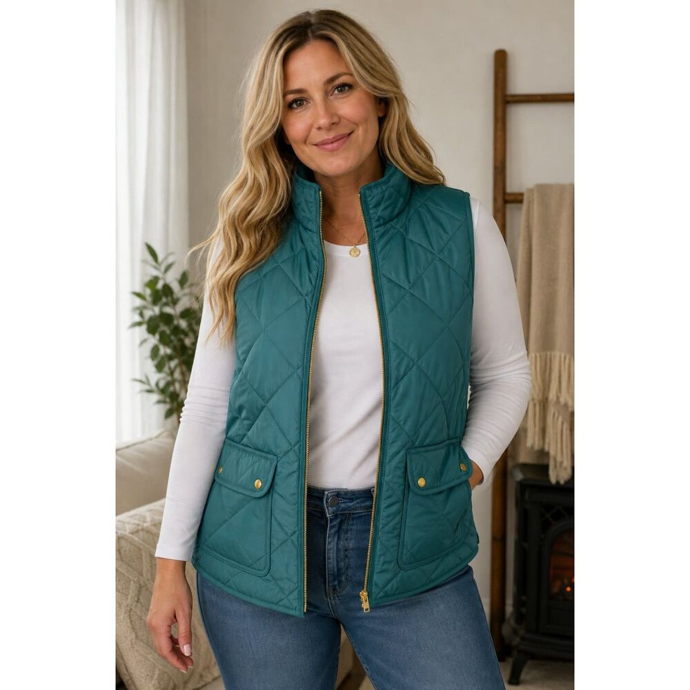 NWT J.Crew Excursion Quilted Puffer Vest with Gold Hardware - Green Size Large